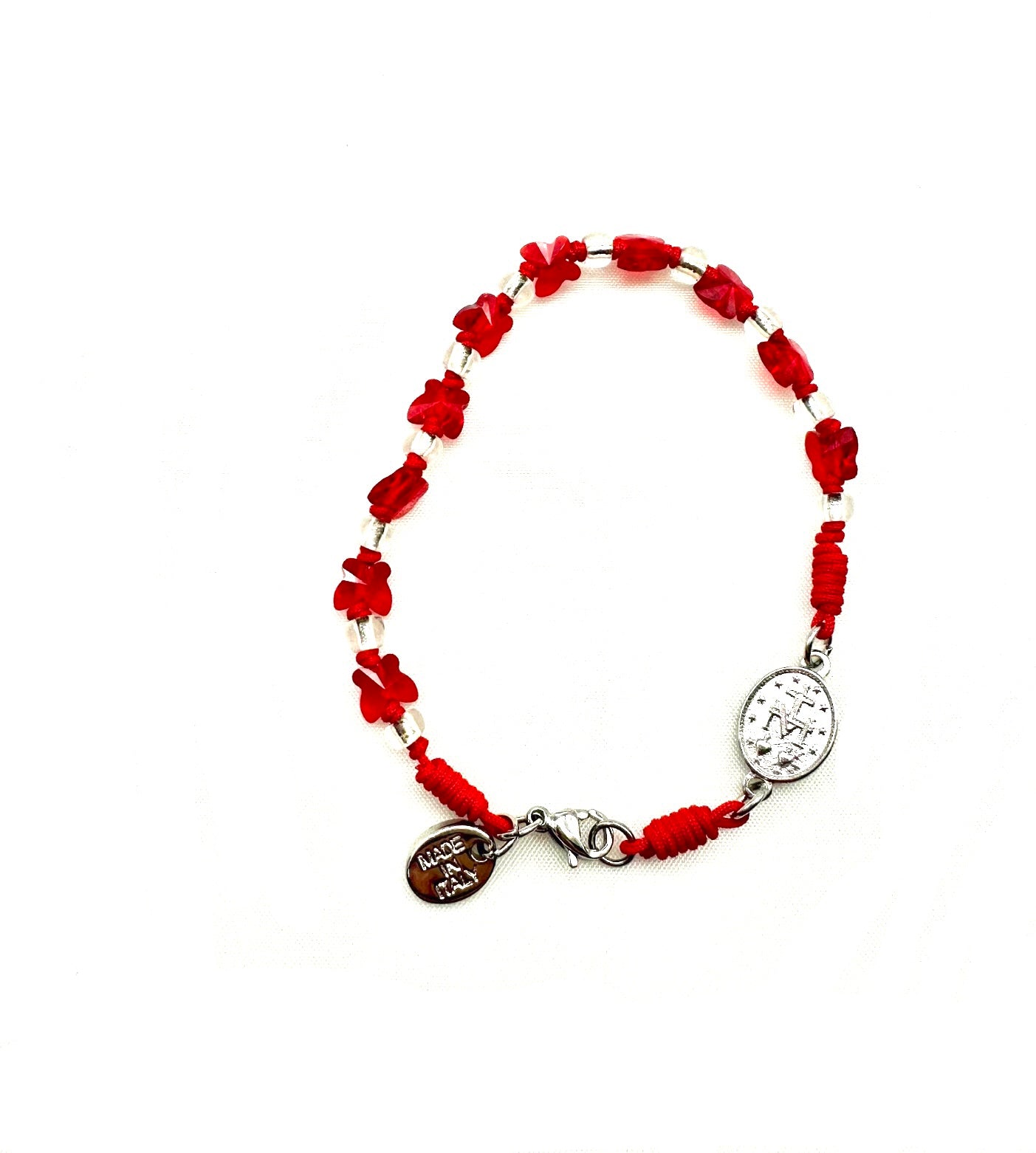 Bracciale rosso con medaglia miracolosa e componenti in Swarovski