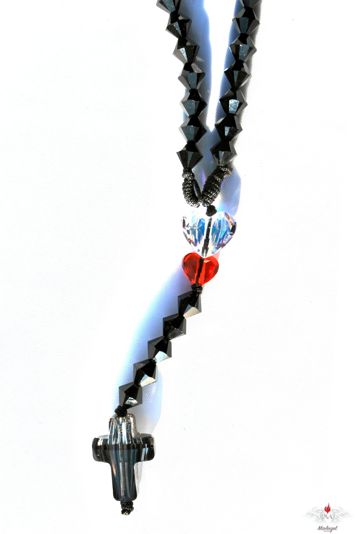 Rosario nero con cuori, croce e componenti in cristalli Swarovski