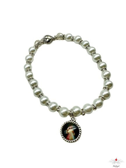 Bracciale rosario con cuore votivo, perle e cristallo con miracolosa