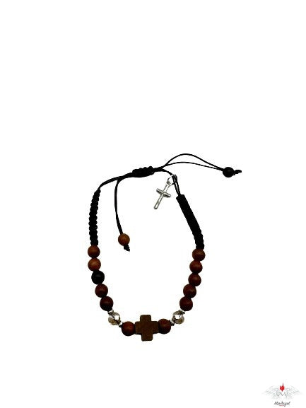Bracciale rosario legno e cristallo su corda con croce