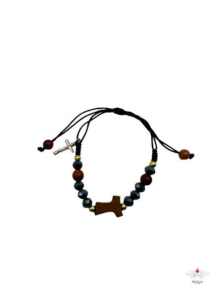 Bracciale rosario legno e cristallo su corda con tau