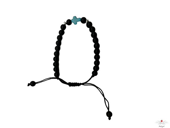 Bracciale rosario pietra dura e legno su corda con croce