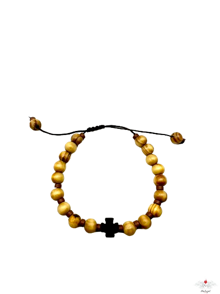 Bracciale rosario legno su corda con croce