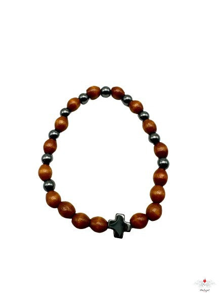 Bracciale rosario legno con croce ematite