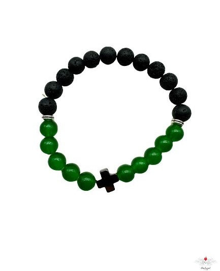 Bracciale rosario vetro e pietra lavica con croce ematite