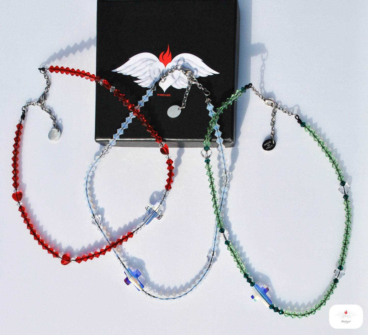 Rosario collana con croce, cuoricini e componenti in cristalli Swarovski