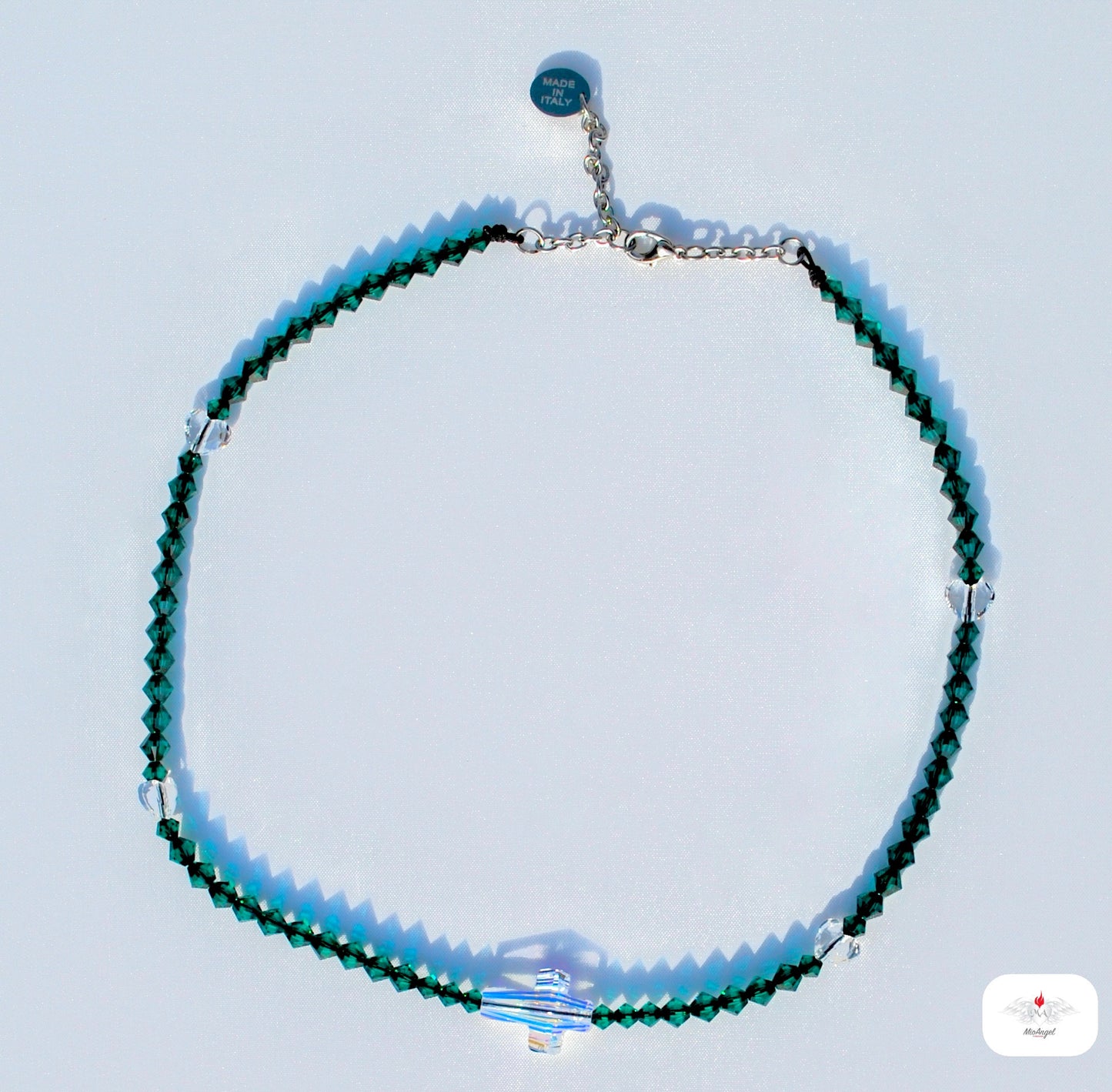 Rosario collana con croce, cuoricini e componenti in cristalli Swarovski