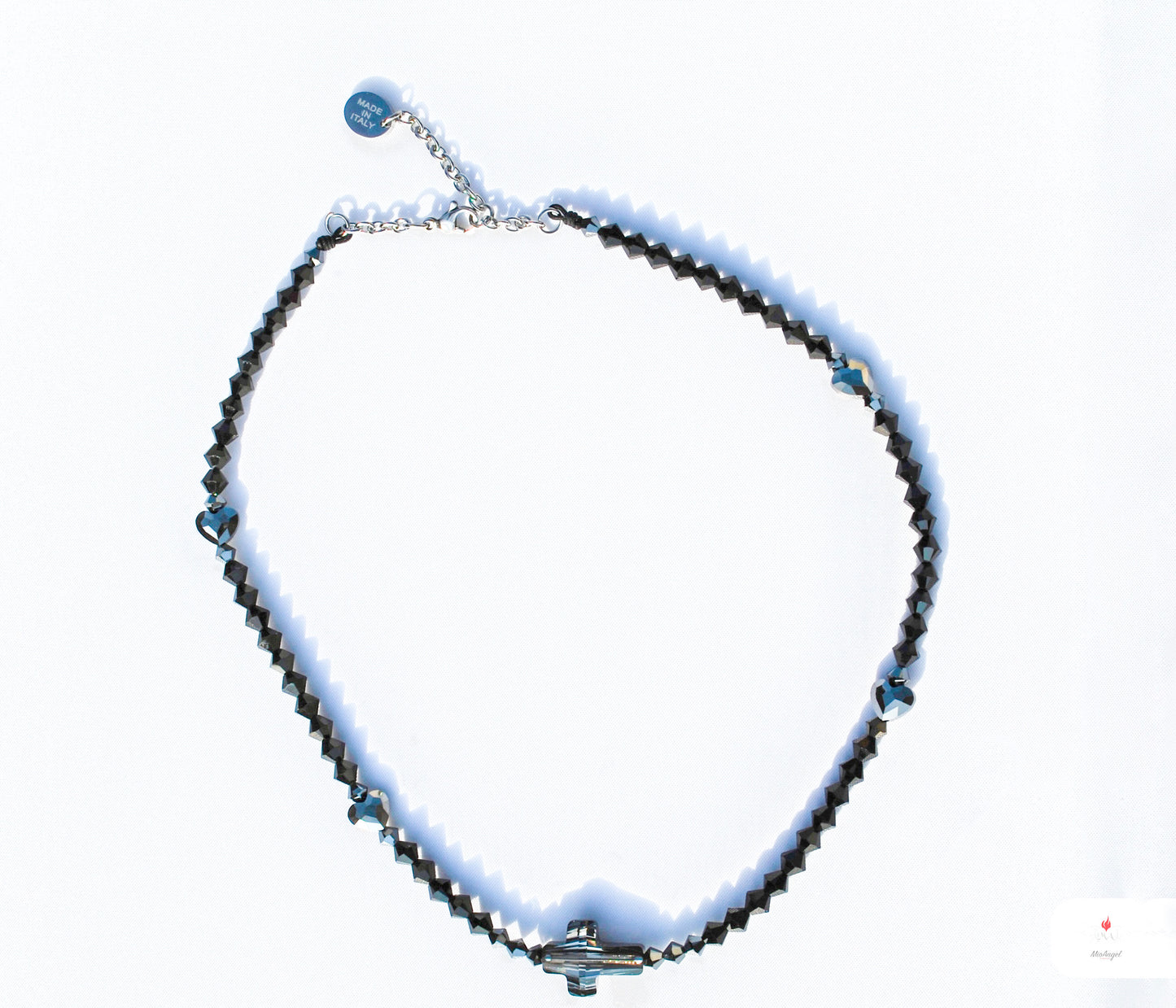 Rosario collana con croce, cuoricini e componenti in cristalli Swarovski