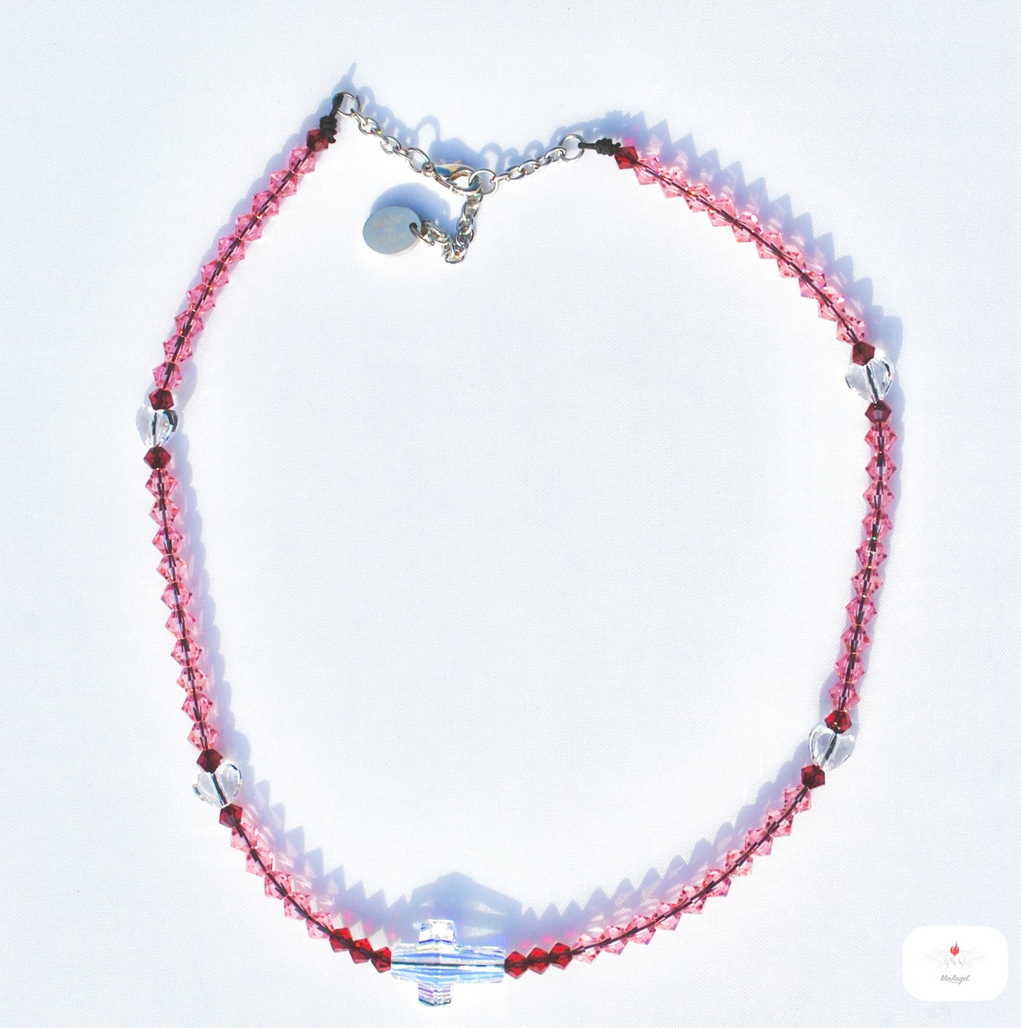 Rosario collana con croce, cuoricini e componenti in cristalli Swarovski