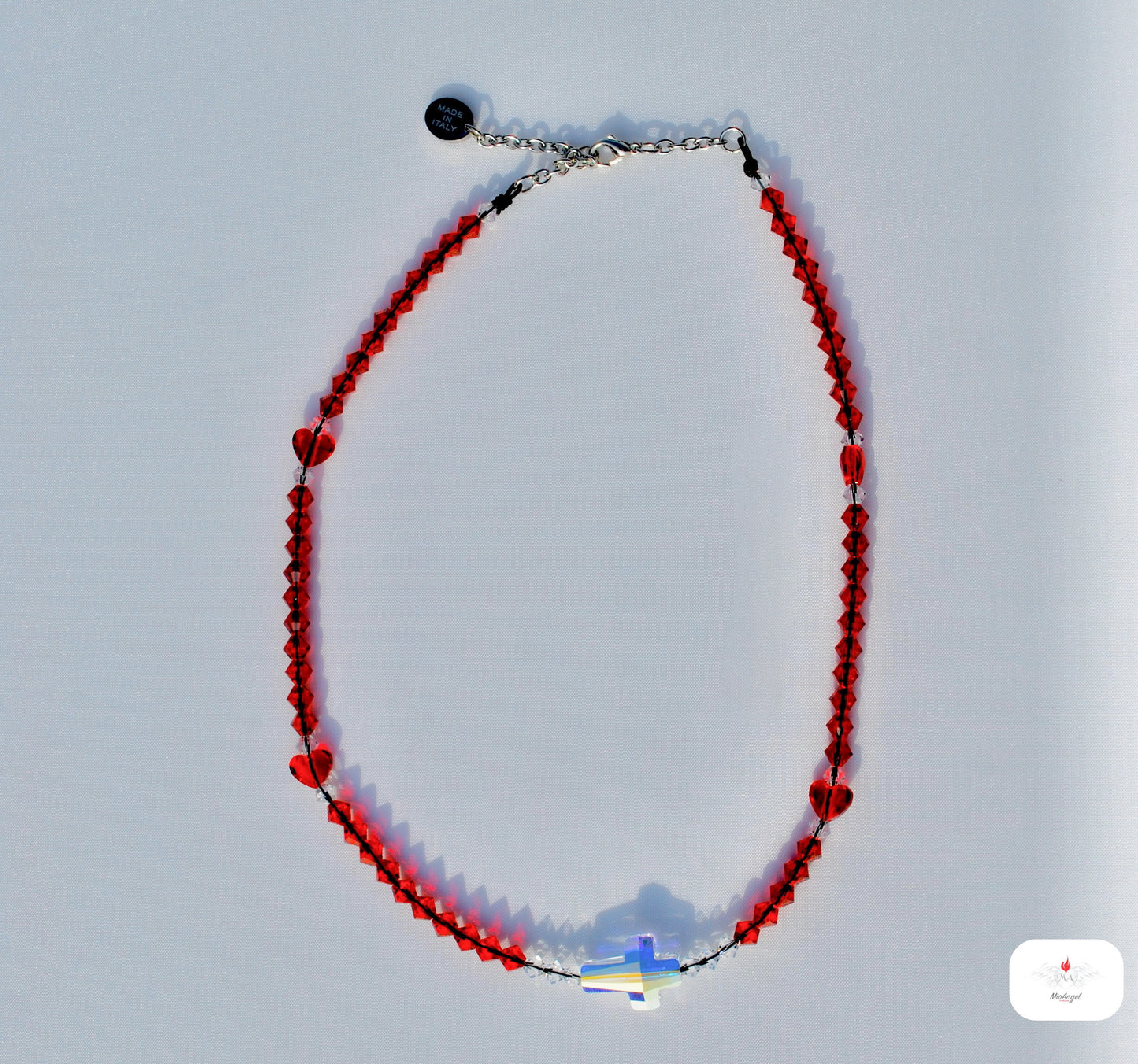 Rosario collana con croce, cuoricini e componenti in cristalli Swarovski