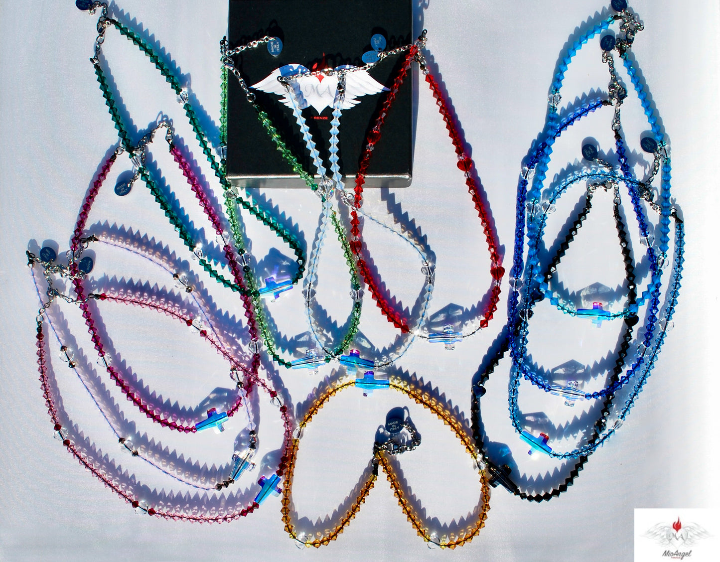 Rosario collana con croce, cuoricini e componenti in cristalli Swarovski