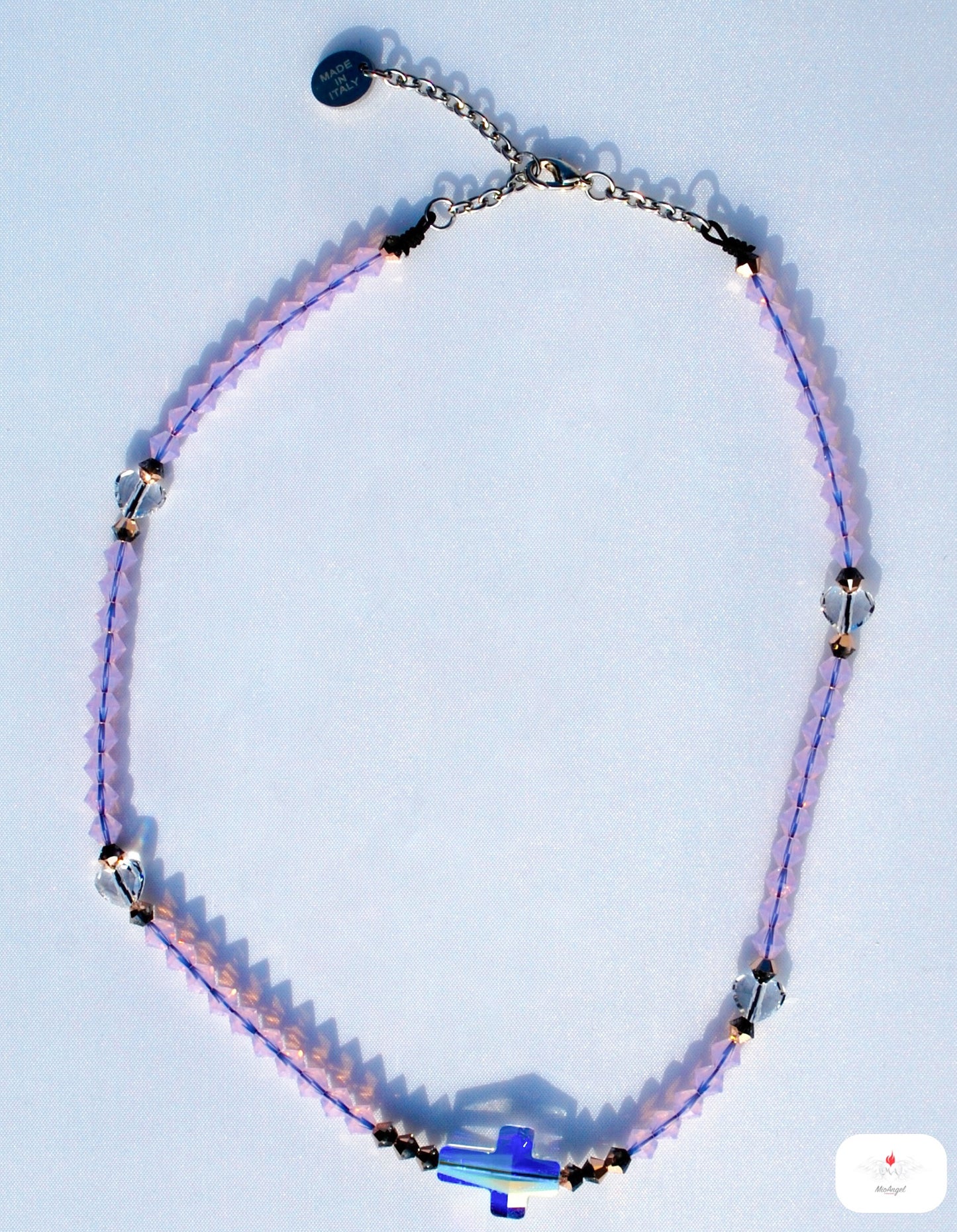 Rosario collana con croce, cuoricini e componenti in cristalli Swarovski