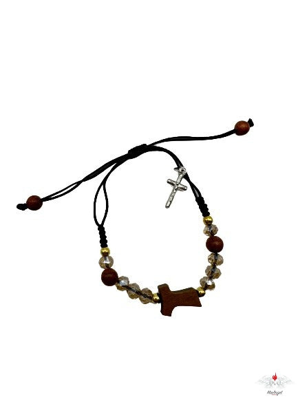 Bracciale rosario legno e cristallo su corda con tau