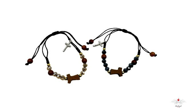 Bracciale rosario legno e cristallo su corda con tau