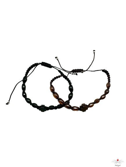 Bracciale rosario ovale vetro su corda con croce