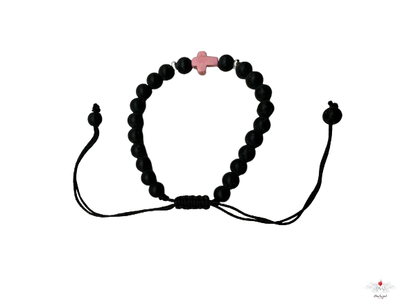 Bracciale rosario pietra dura e legno su corda con croce