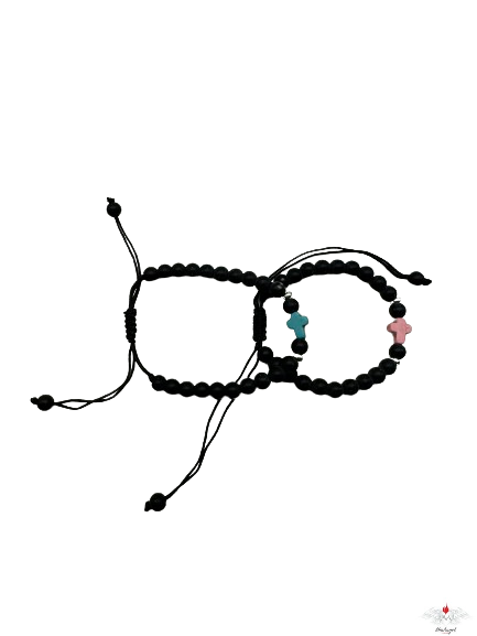 Bracciale rosario pietra dura e legno su corda con croce