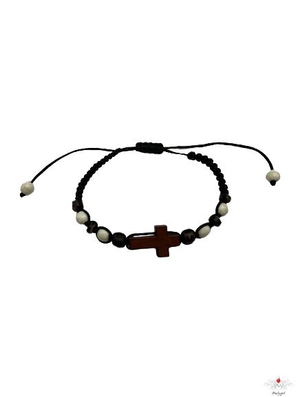 Bracciale rosario con croce legno su corda