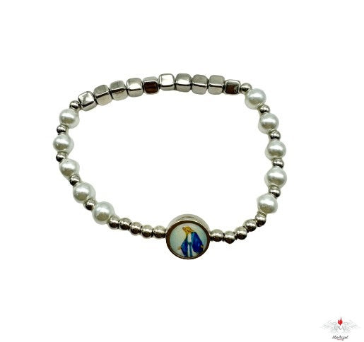 Bracciale rosario con perle e cubetti argentati