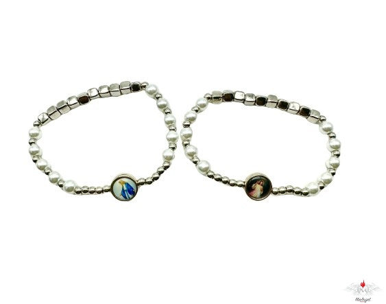 Bracciale rosario con perle e cubetti argentati