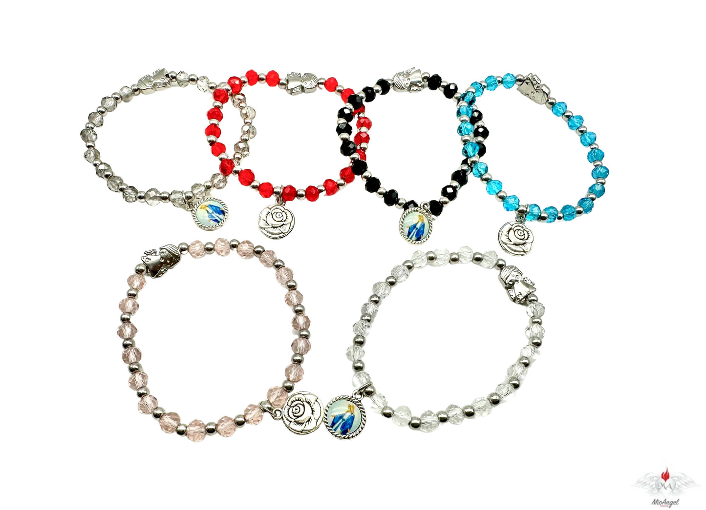 Bracciale rosario cristallo con angelo custode e resinato miracolosa